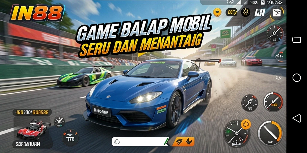 Tangkapan layar gameplay IN88 menampilkan aksi balap yang mendebarkan.
