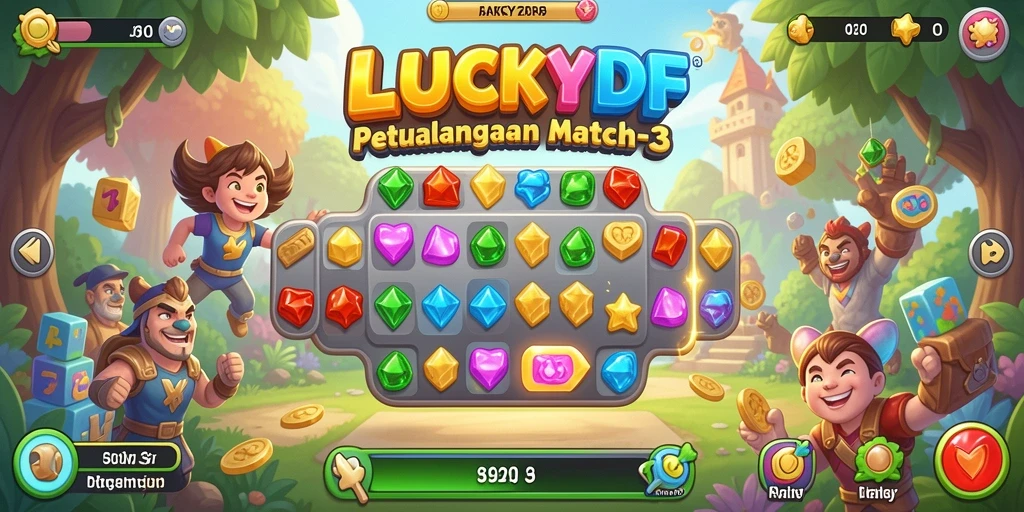 Tampilan gameplay seru dalam LUCKYDF dengan elemen pencocokan tiga.