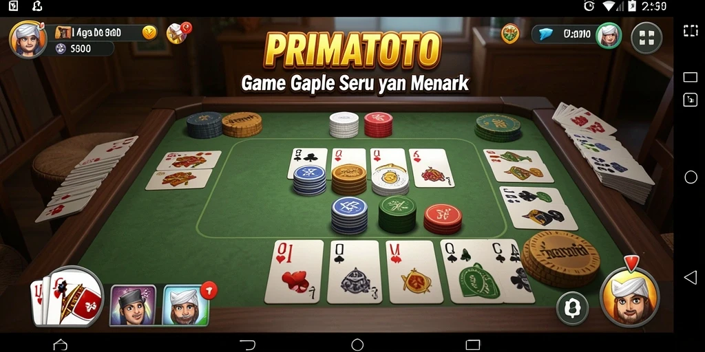 Tangkapan layar utama PRIMATOTO menampilkan gameplay Gaple yang menarik.